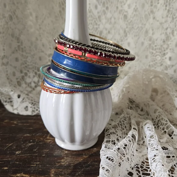 Mixed Metal Colorful Bangle Bracelet Set Boho Stack - Picture 2 of 3